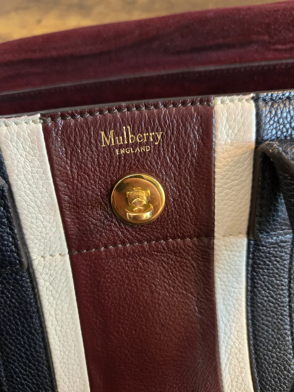 Mulberry Navy Leather Satchel with Burgundy and White Center Stripe
